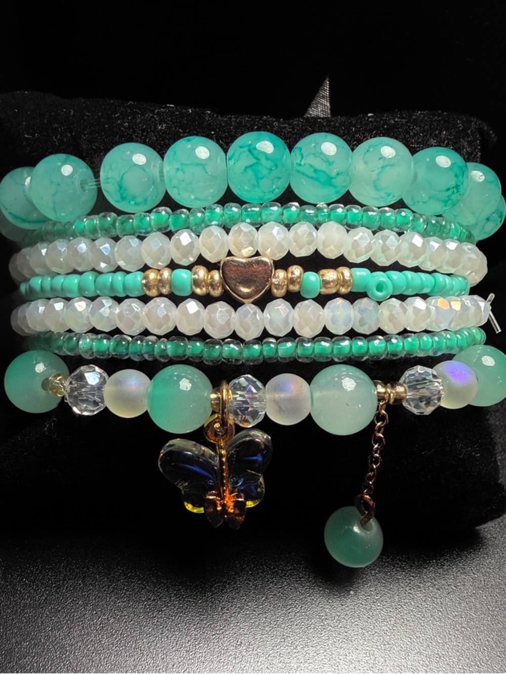 Turquoise Multi-Strand Glass Beaded Bracelet Set,Iridescent Butterfly Accent